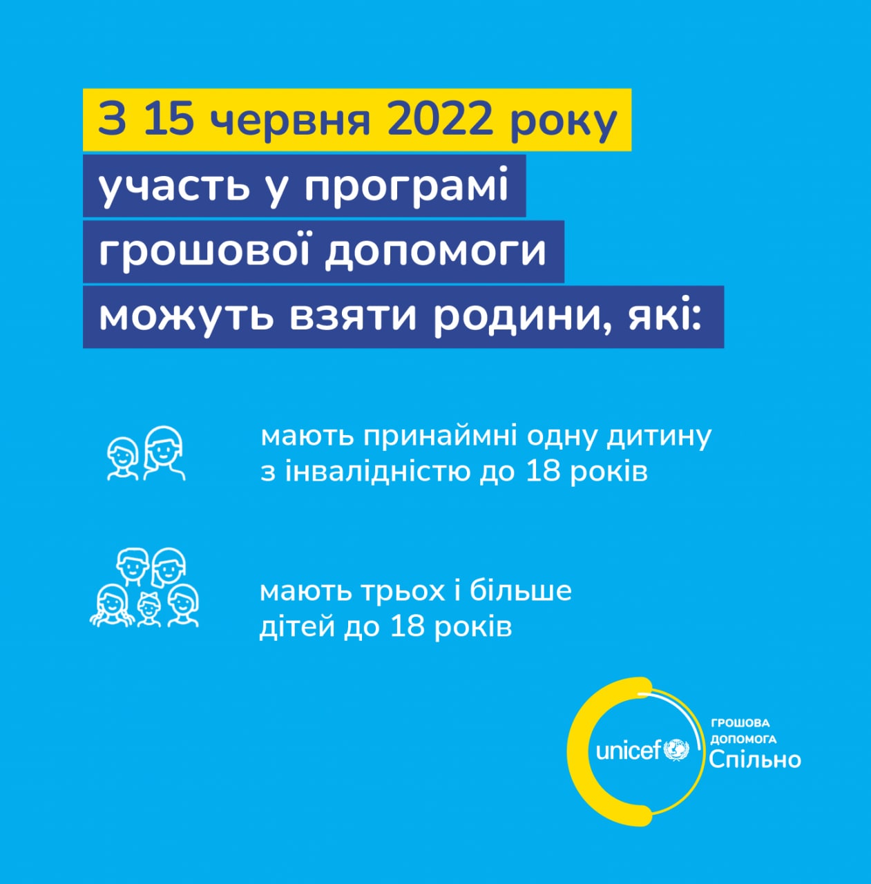 Розширено категорії сімей, які можуть отримати грошову допомогу від ЮНІСЕФ «СПІЛЬНО»